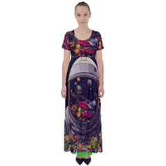 Astronaut Universe Planting Flowers Cosmos Jpg High Waist Short Sleeve Maxi Dress