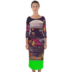 Astronaut Universe Planting Flowers Cosmos Jpg Quarter Sleeve Midi Bodycon Dress