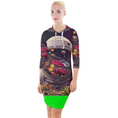 Astronaut Universe Planting Flowers Cosmos Jpg Quarter Sleeve Hood Bodycon Dress