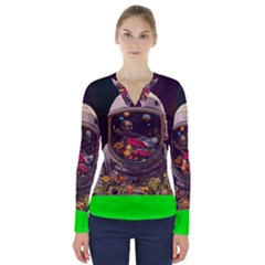 Astronaut Universe Planting Flowers Cosmos Jpg V-Neck Long Sleeve Top