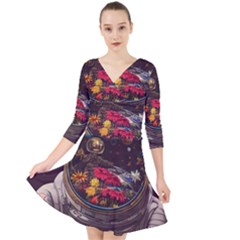 Astronaut Universe Planting Flowers Cosmos Jpg Quarter Sleeve Front Wrap Dress