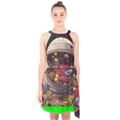 Astronaut Universe Planting Flowers Cosmos Jpg Halter Collar Waist Tie Chiffon Dress