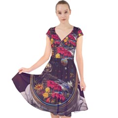 Astronaut Universe Planting Flowers Cosmos Jpg Cap Sleeve Front Wrap Midi Dress