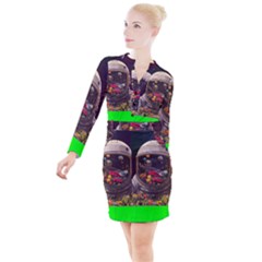 Astronaut Universe Planting Flowers Cosmos Jpg Button Long Sleeve Dress