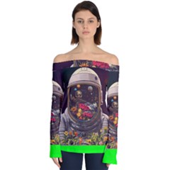 Astronaut Universe Planting Flowers Cosmos Jpg Off Shoulder Long Sleeve Top