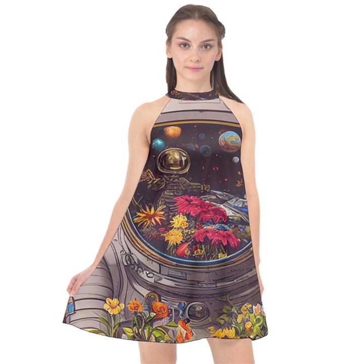 Astronaut Universe Planting Flowers Cosmos Jpg Halter Neckline Chiffon Dress 