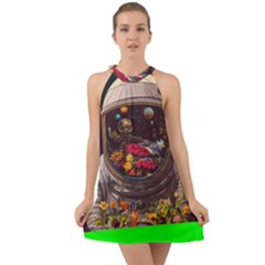 Astronaut Universe Planting Flowers Cosmos Jpg Halter Tie Back Chiffon Dress