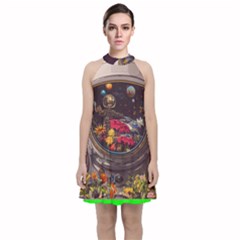 Astronaut Universe Planting Flowers Cosmos Jpg Velvet Halter Neckline Dress 