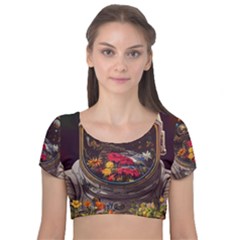 Astronaut Universe Planting Flowers Cosmos Jpg Velvet Short Sleeve Crop Top 