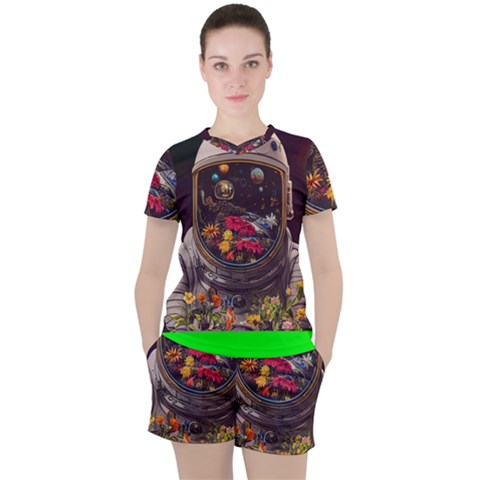 Astronaut Universe Planting Flowers Cosmos Jpg Women s Tee And Shorts Set by Pakemis