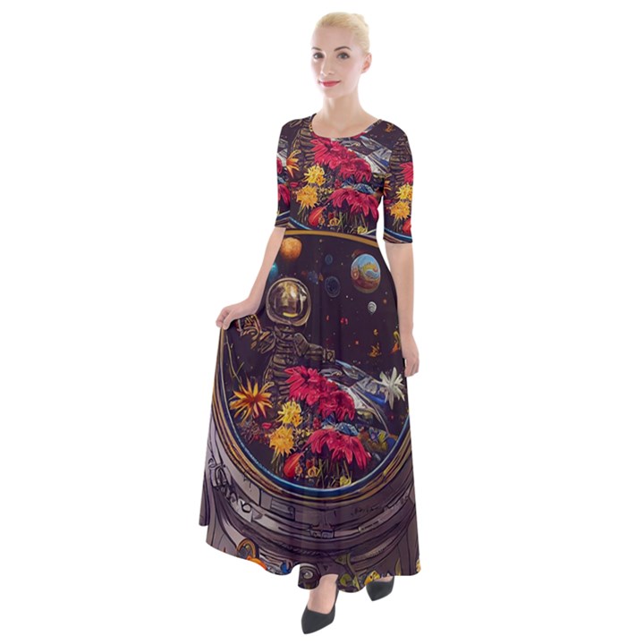 Astronaut Universe Planting Flowers Cosmos Jpg Half Sleeves Maxi Dress