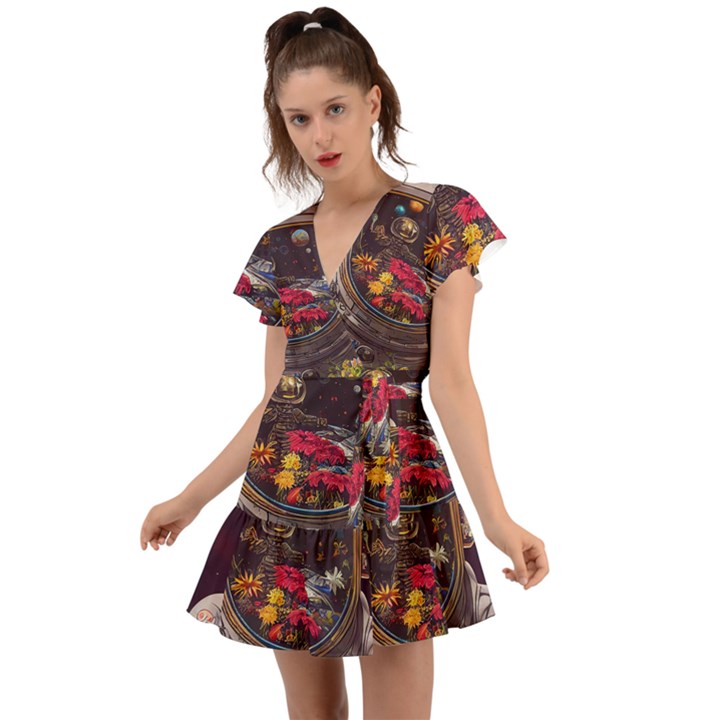 Astronaut Universe Planting Flowers Cosmos Jpg Flutter Sleeve Wrap Dress