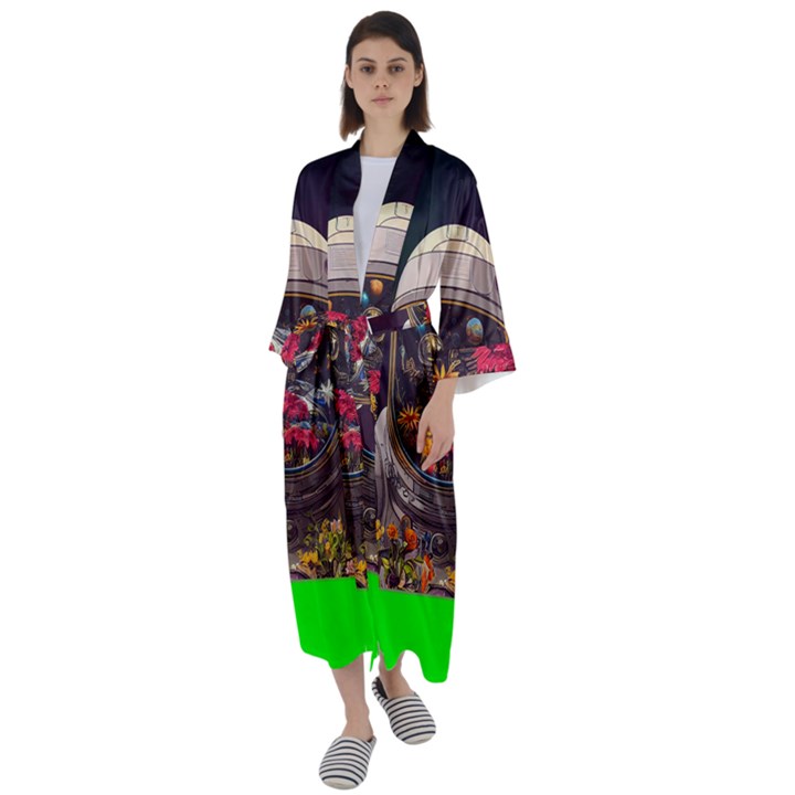 Astronaut Universe Planting Flowers Cosmos Jpg Maxi Satin Kimono