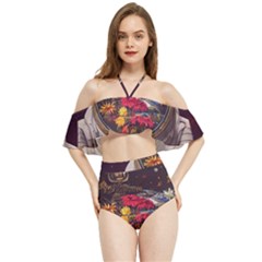 Astronaut Universe Planting Flowers Cosmos Jpg Halter Flowy Bikini Set 