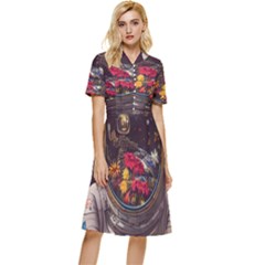 Astronaut Universe Planting Flowers Cosmos Jpg Button Top Knee Length Dress