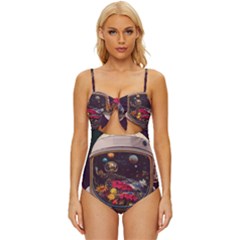 Astronaut Universe Planting Flowers Cosmos Jpg Knot Front One-Piece Swimsuit