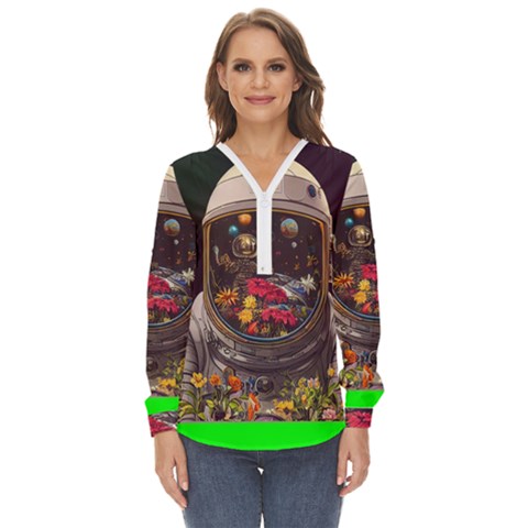 Astronaut Universe Planting Flowers Cosmos Jpg Zip Up Long Sleeve Blouse by Pakemis