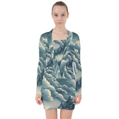 Mountains Alps Nature Clouds Sky Fresh Air V-neck Bodycon Long Sleeve Dress by Pakemis