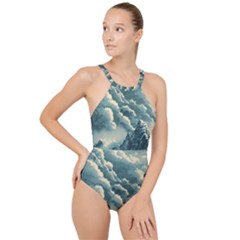 Mountains Alps Nature Clouds Sky Fresh Air High Neck One Piece Swimsuit by Pakemis