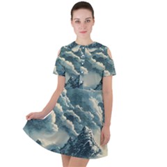 Mountains Alps Nature Clouds Sky Fresh Air Short Sleeve Shoulder Cut Out Dress  by Pakemis