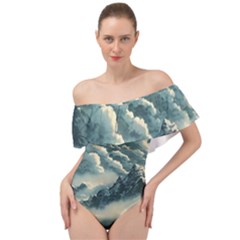 Mountains Alps Nature Clouds Sky Fresh Air Off Shoulder Velour Bodysuit  by Pakemis