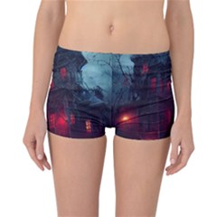 Haunted House Halloween Cemetery Moonlight Reversible Boyleg Bikini Bottoms by Pakemis