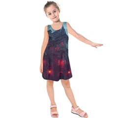 Haunted House Halloween Cemetery Moonlight Kids  Sleeveless Dress by Pakemis