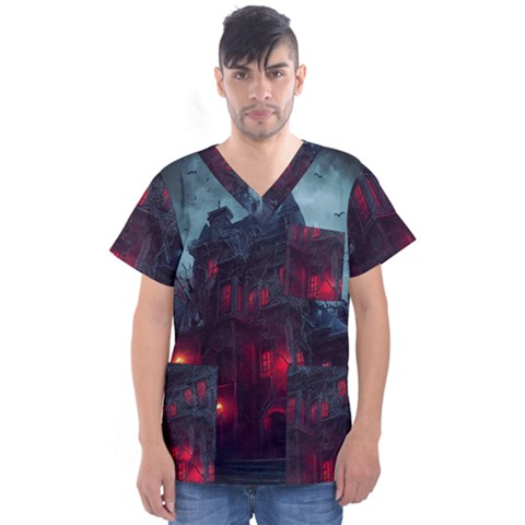 Haunted House Halloween Cemetery Moonlight Men s V-neck Scrub Top by Pakemis