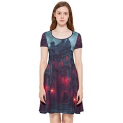 Haunted House Halloween Cemetery Moonlight Inside Out Cap Sleeve Dress by Pakemis