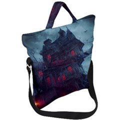 Haunted House Halloween Cemetery Moonlight Fold Over Handle Tote Bag by Pakemis