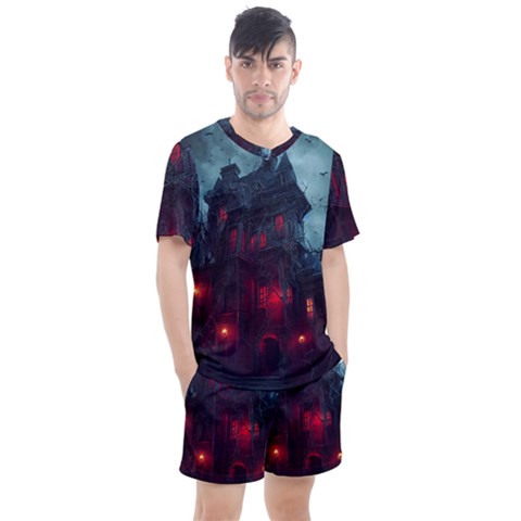 Haunted House Halloween Cemetery Moonlight Men s Mesh Tee And Shorts Set by Pakemis