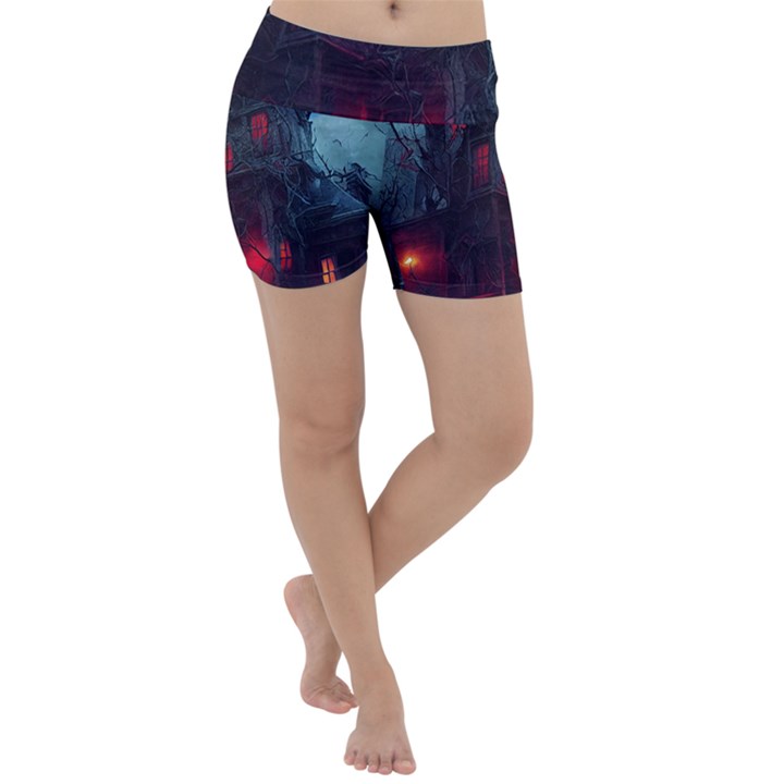 Haunted House Halloween Cemetery Moonlight Lightweight Velour Yoga Shorts