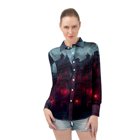 Haunted House Halloween Cemetery Moonlight Long Sleeve Chiffon Shirt by Pakemis