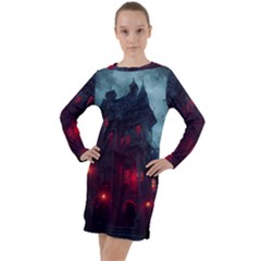 Haunted House Halloween Cemetery Moonlight Long Sleeve Hoodie Dress by Pakemis