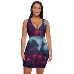 Haunted House Halloween Cemetery Moonlight Draped Bodycon Dress by Pakemis