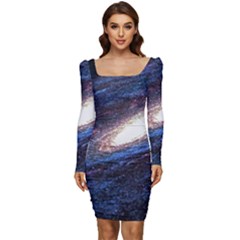 Space Cosmos Galaxy Stars Black Hole Universe Women Long Sleeve Ruched Stretch Jersey Dress by Pakemis