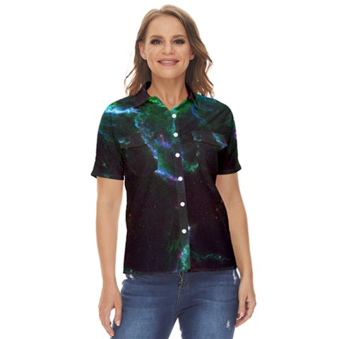 Space Cosmos Galaxy Stars Black Hole Universe Art Women s Short Sleeve Double Pocket Shirt by Pakemis