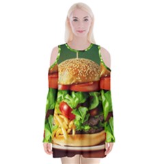 Hamburger Cheeseburger Burger 3d Render Snack Velvet Long Sleeve Shoulder Cutout Dress by Pakemis