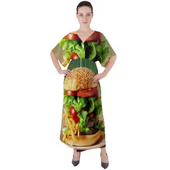 Hamburger Cheeseburger Burger 3d Render Snack V-neck Boho Style Maxi Dress by Pakemis