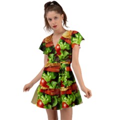 Hamburger Cheeseburger Burger 3d Render Snack Flutter Sleeve Wrap Dress by Pakemis