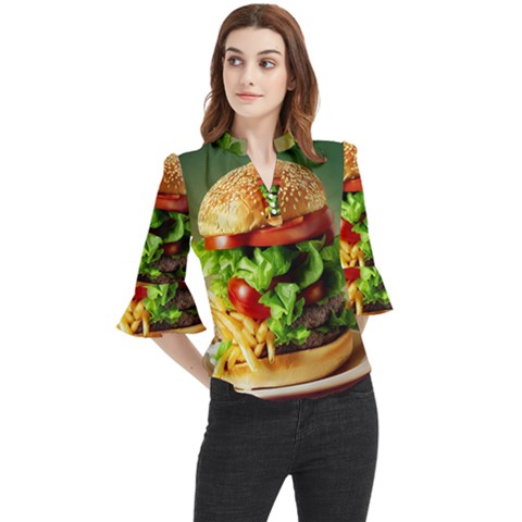 Hamburger Cheeseburger Burger 3d Render Snack Loose Horn Sleeve Chiffon Blouse by Pakemis