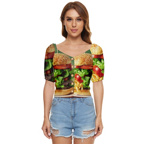 Hamburger Cheeseburger Burger 3d Render Snack Button Up Blouse by Pakemis