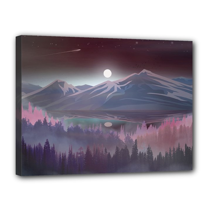 Mountains Nature Forest Moon Landscape Moonlight Canvas 16  x 12  (Stretched)