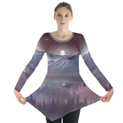 Mountains Nature Forest Moon Landscape Moonlight Long Sleeve Tunic  by Pakemis