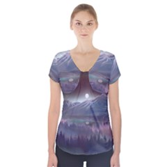 Mountains Nature Forest Moon Landscape Moonlight Short Sleeve Front Detail Top by Pakemis