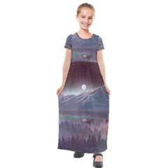 Mountains Nature Forest Moon Landscape Moonlight Kids  Short Sleeve Maxi Dress by Pakemis