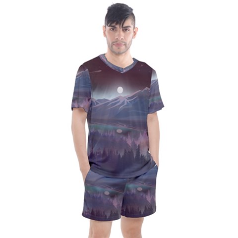 Mountains Nature Forest Moon Landscape Moonlight Men s Mesh Tee And Shorts Set by Pakemis