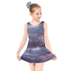 Mountains Nature Forest Moon Landscape Moonlight Kids  Skater Dress Swimsuit by Pakemis