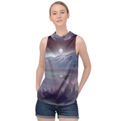 Mountains Nature Forest Moon Landscape Moonlight High Neck Satin Top