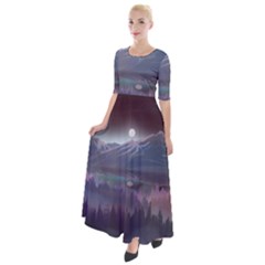 Mountains Nature Forest Moon Landscape Moonlight Half Sleeves Maxi Dress by Pakemis